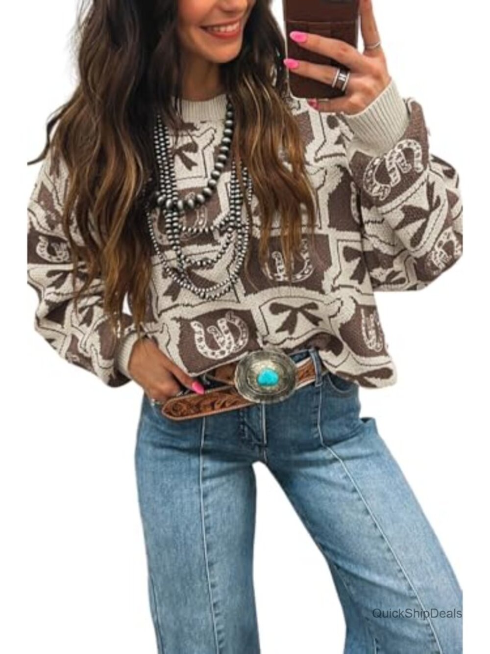 Western Cowboy Horseshoe Bow Sweater - Soft Knit Crewneck Loose Fit Tunic Top